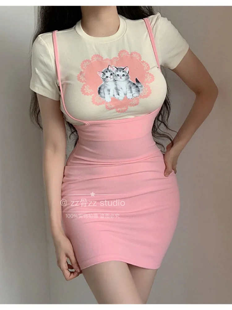 

Autumn New WOMENGAGA Preppy Style Cute Printing Print Sweet T-shirt+high Waist Skirt Fashion Suit Women Sweet Pink Set Tops 0CO0