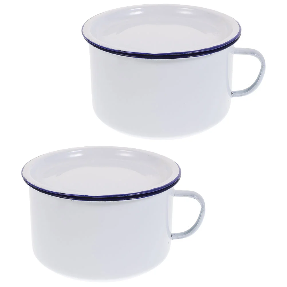 

Enamel Bowl with Handle and Lid for Ramen and Soup, 1.2L Capacity, White with Blue Rim, Ideal for Camping and Travel