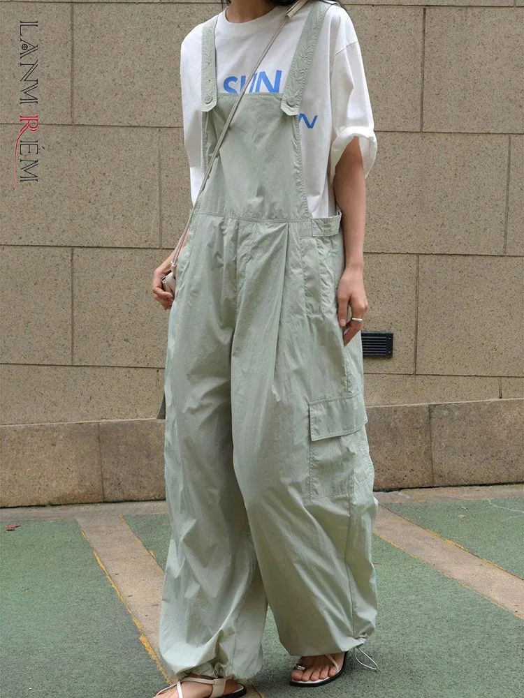 [LANMREM] Streetwear High Waist Jumpsuit Women Straight Loose Nylon Female Clothing Green Dark Blue 2024 Summer New 26D9124