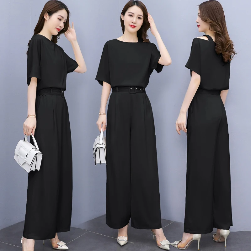 formal pant suits JXMYY Wide Leg Pants Suit Women's 2021 Summer New Fashion Temperament Large Size Light Familiar Style Two-Piece Suit Dress Suits Suits & Blazers