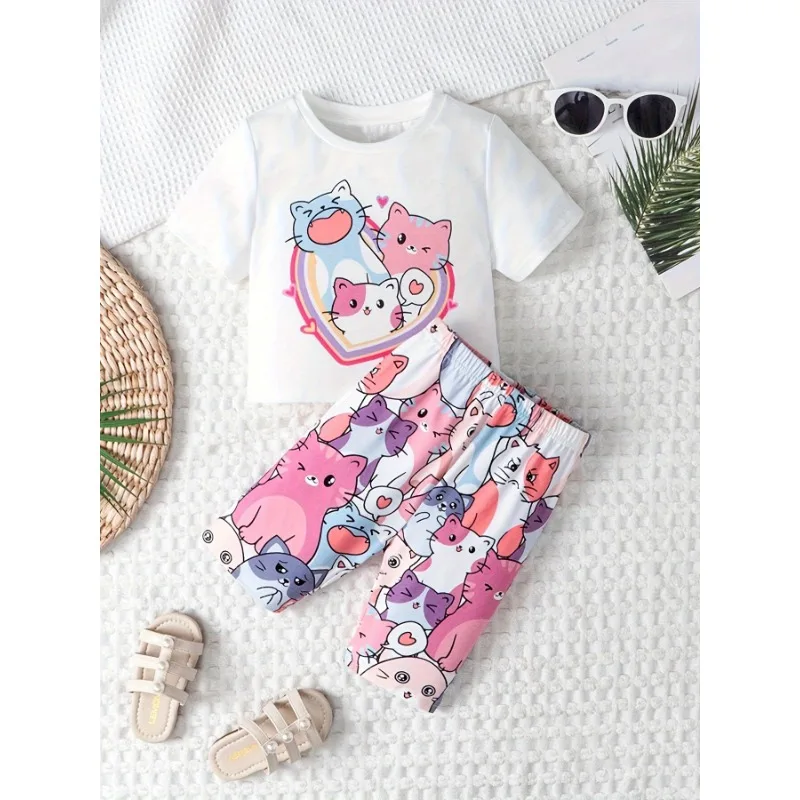 

Girls 2pcs Fashion Cartoon Kitten Print Spring Summer Loungewear, Sweet Pattern Comfy PJ Set, Kid's Cozy Sleepwear Outfit