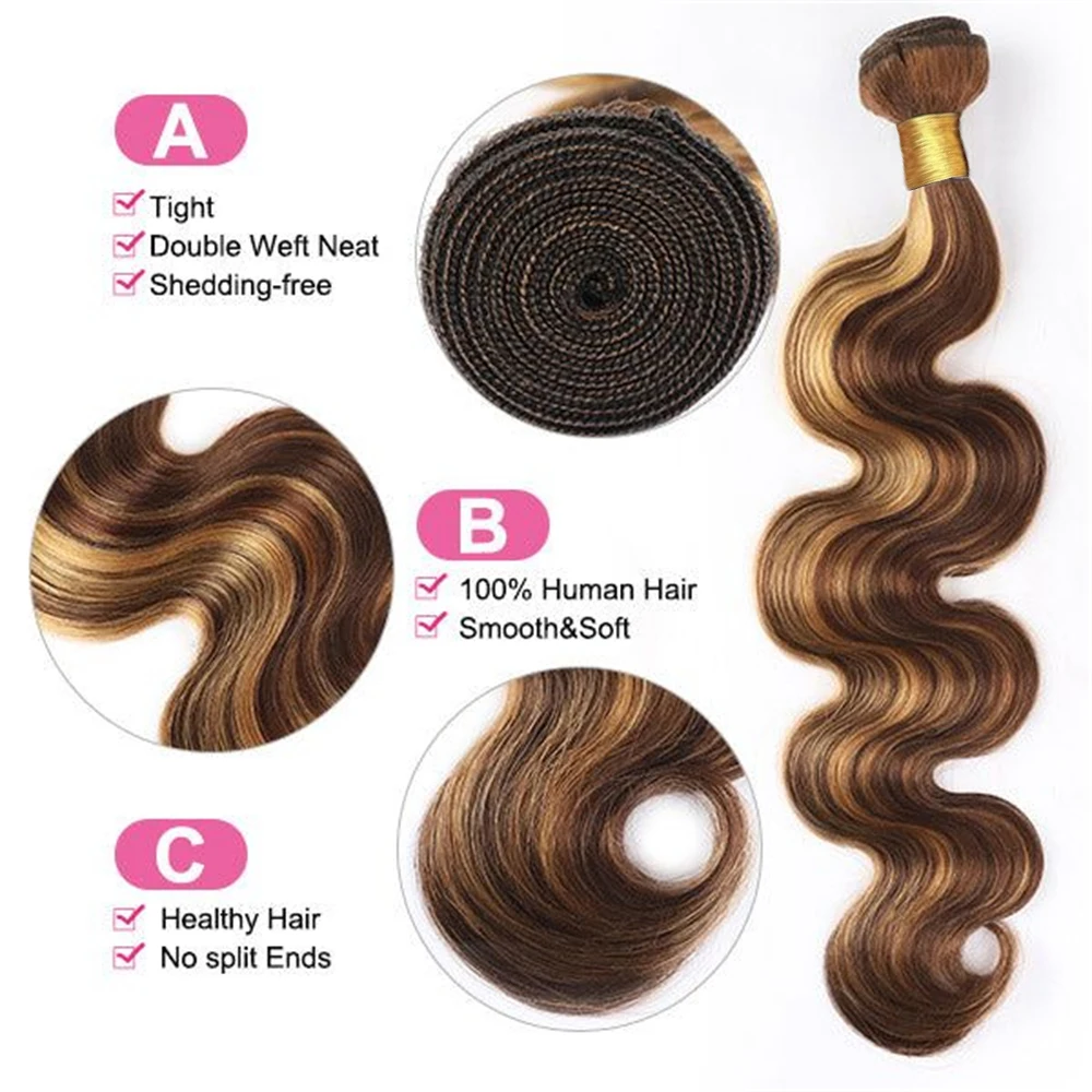 Highlight Body Wave Bundles Human Hair With Frontal P4/27 Ombre Honey Blonde 13x4 Lace Frontal With Bundle Remy Hair Extensions
