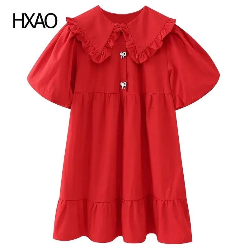 

HXAO Red Dress Women Short Sleeve Mini Dress Girl Cute Dress Bow Ruffle Dress Loose New In Dresses Elegant Woman Dress 2024