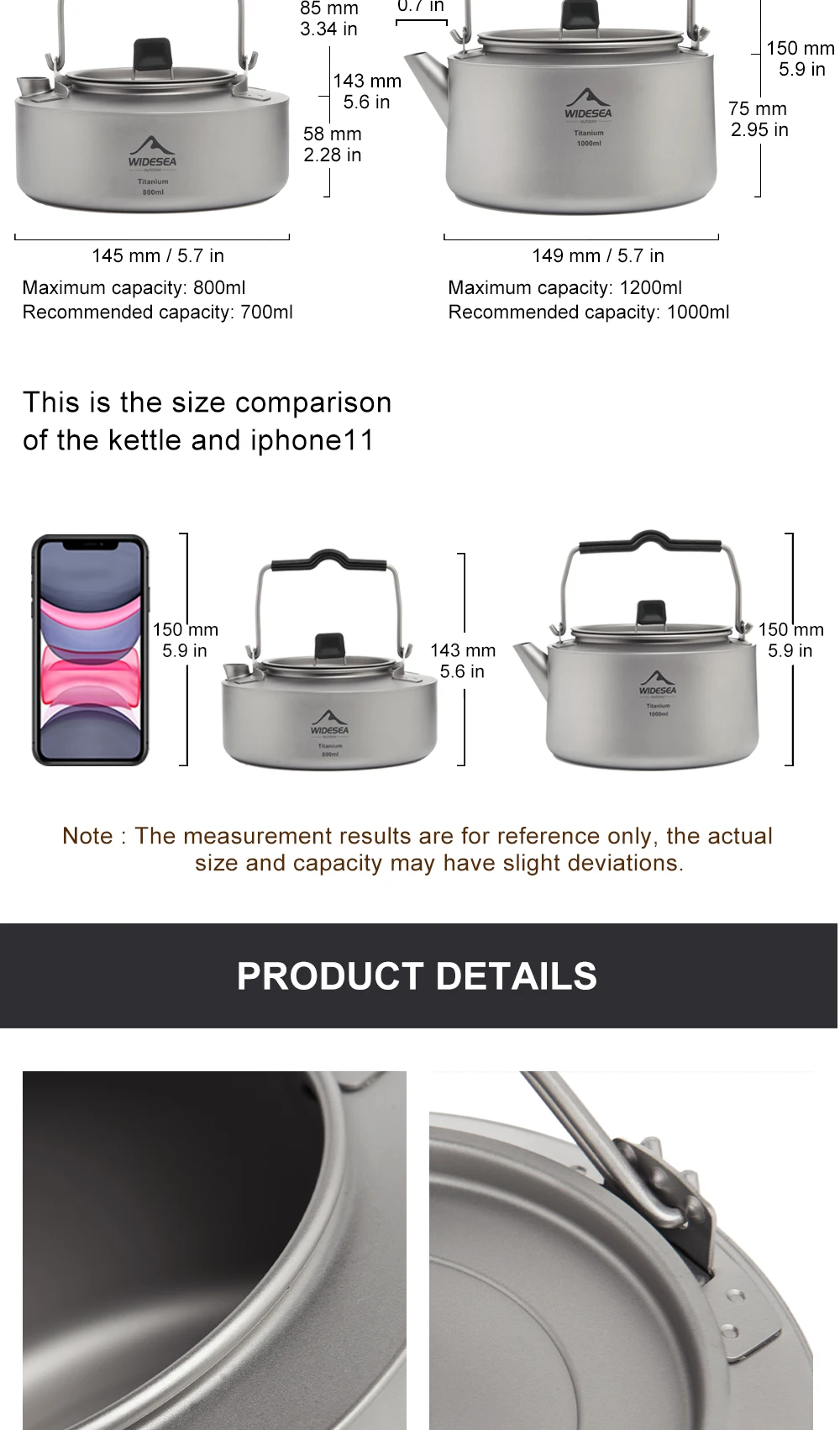 Description Picture 3 of itemWidesea Camping Titanium Kettle Outdoor Tea Coffee Kettle Tableware Pot Supplies Tourist Dishes Hiking Cooking Equipment