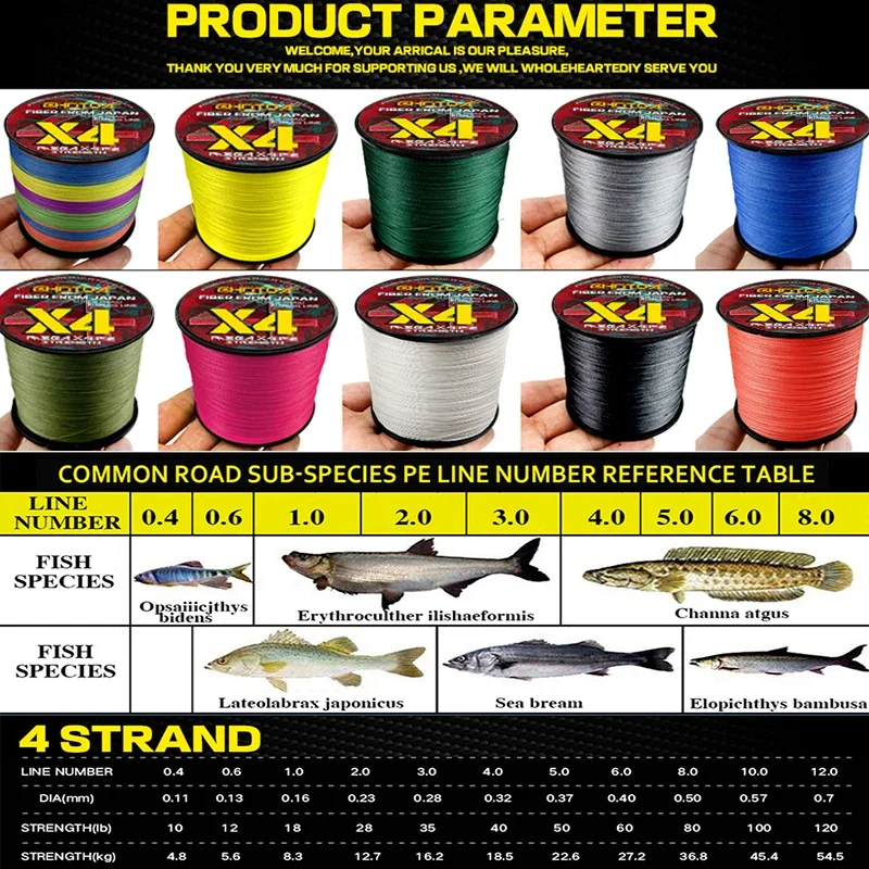 100m Braided 4-strand Fishing Line 10lb-80lb Multifilament Smooth 10 Colors 100% PE Suitable for Lure Rods