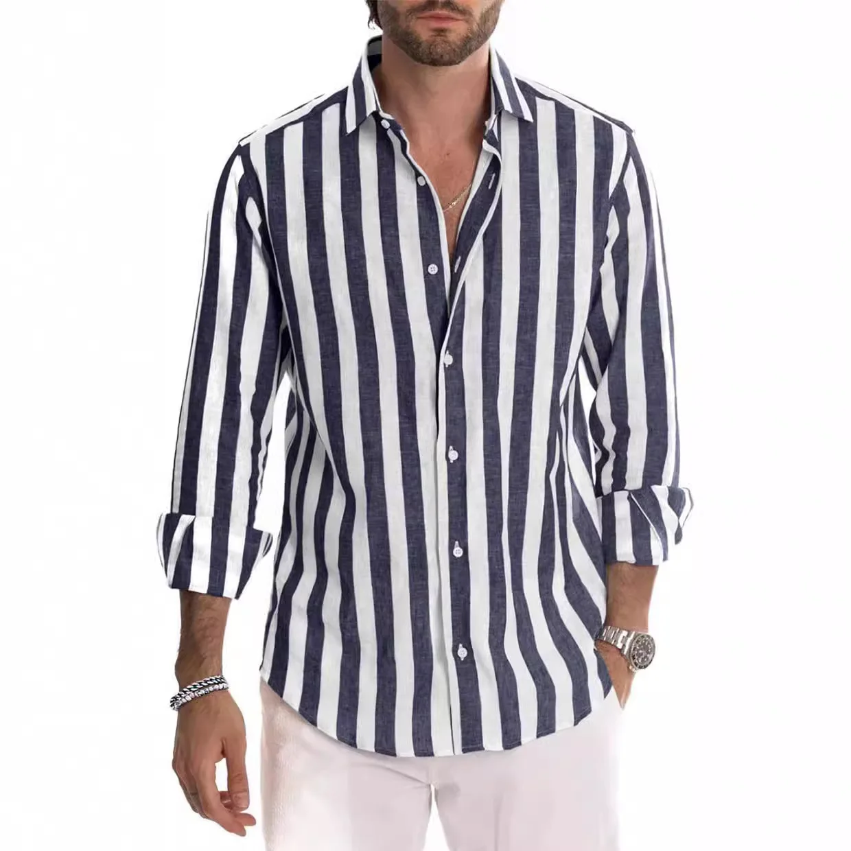 Men Striped Long Sleeve Button Shirts