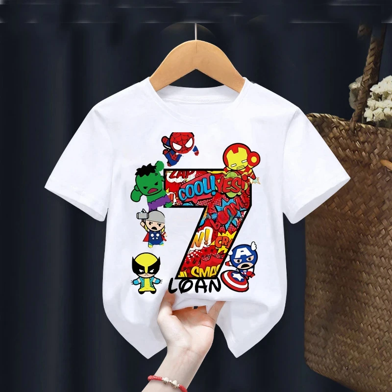 thumbnail image 1 of Camiseta de Spiderman de Marvel para cumpleaños de niño de 2, 3, 4, 5, 6, 7 y 8 años, camiseta personalizada con nombre para niña, ropa para fiesta de cumpleaños de superhéroe, 1 of 5