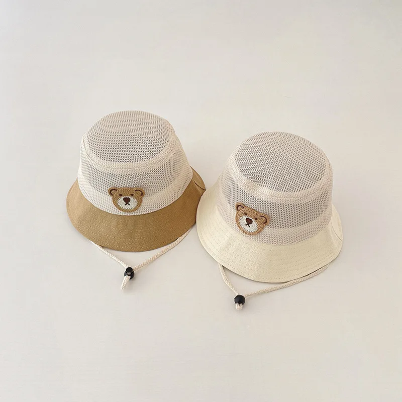 summer Baby Caps Thin Color Mesh Kids Cap Cartoon Bear Infant Toddler Basin Hats Beach Boy Girl Sun Protection Bucket Hat 1-2Y 3