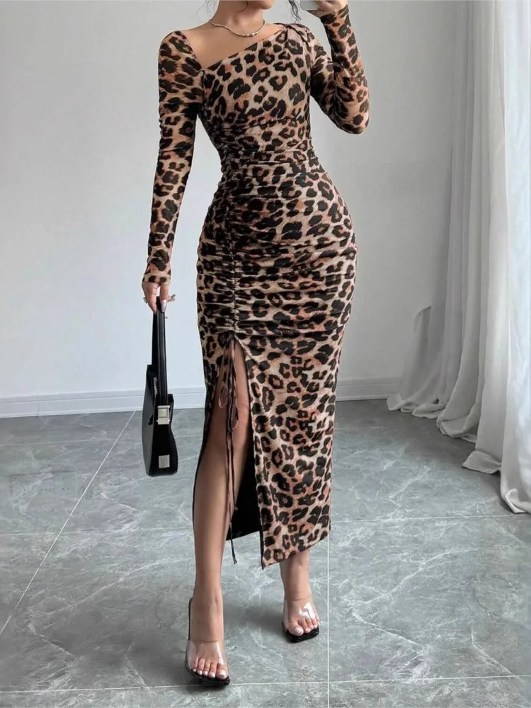 Vestido estampado de leopardo a la moda para mujer, elegante, Sexy