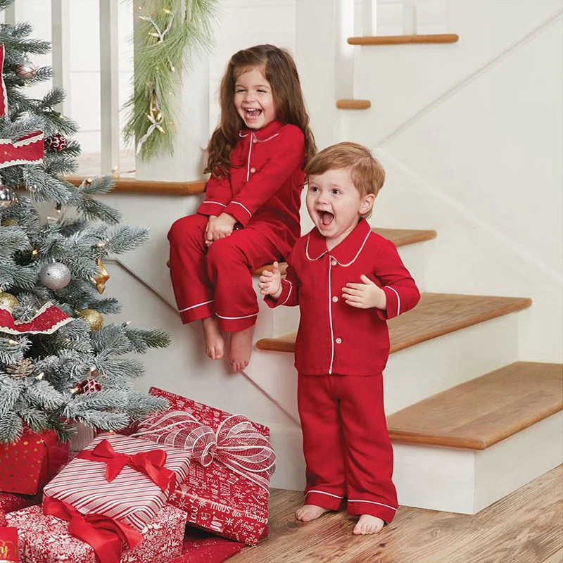 New Matching Girls and Boys Christmas Pyjamas Red Cotton Pajamas Sets for Kids Baby Enfent Sleepwear Family Childrens PJS