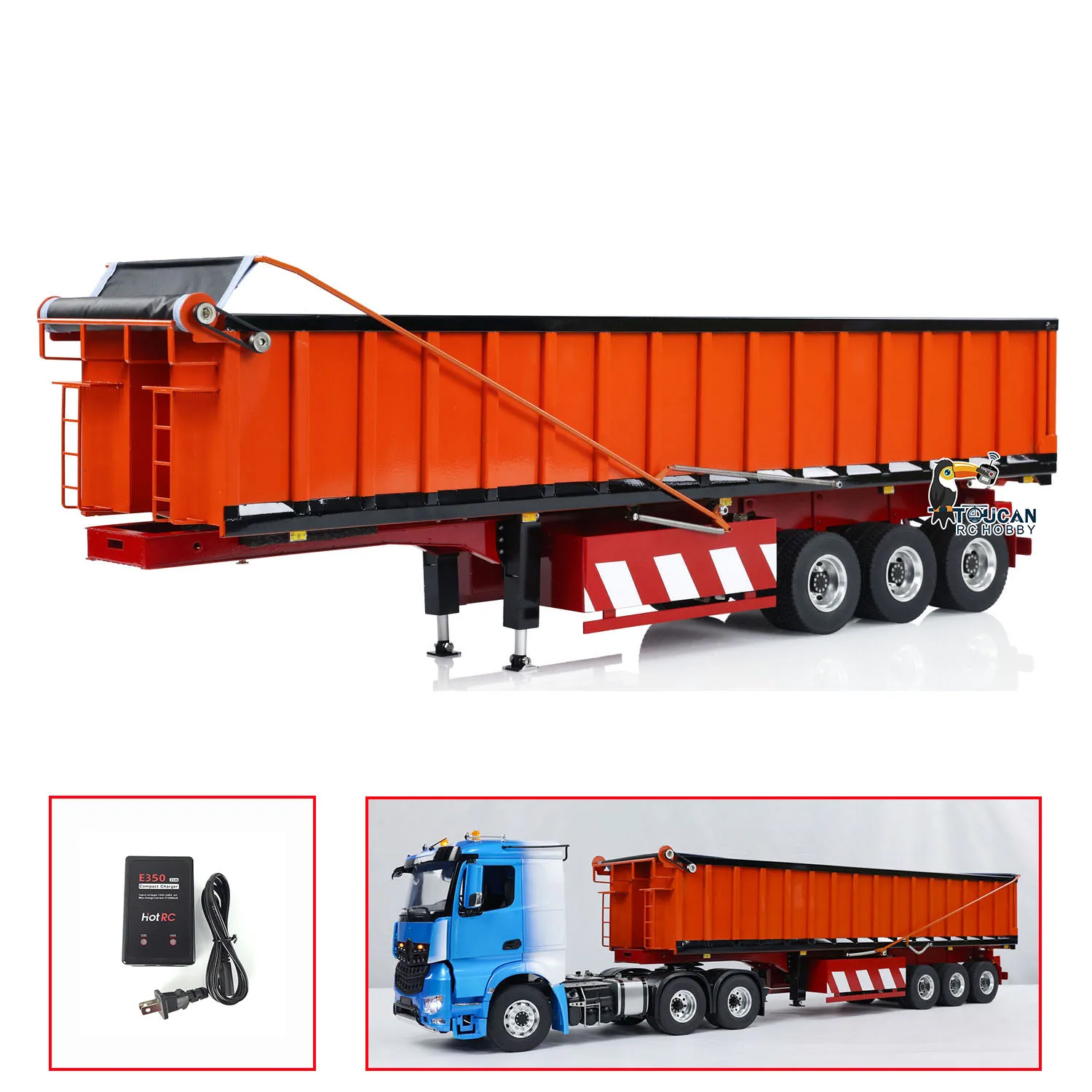 Metal 3 Axles Hydraulic Dump Semi-Trailer 1/14 Scale Assembled Painted Electric Awning for RC Tractor Trucks Toy Model THZH1877 2