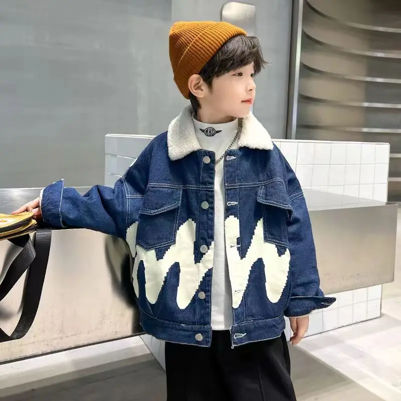 

2024 New Spring Denim Plush Warm Girls Jacket Autumn Winter Children Thick Jean Coat Baby Boys Clothes 3 to 14 Years