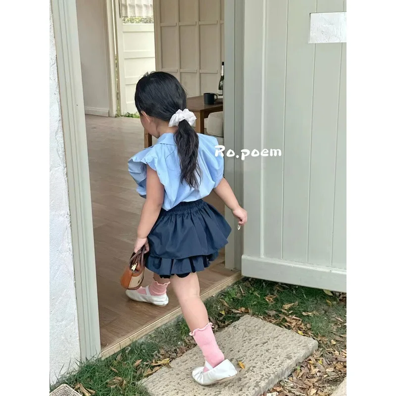 2024 여름 여아 정장, 싱글 브레스트 봉오리 소매 상의 및 스커트, 아동복 정장, 부티크 의류, 심플한 스타일, 신제품