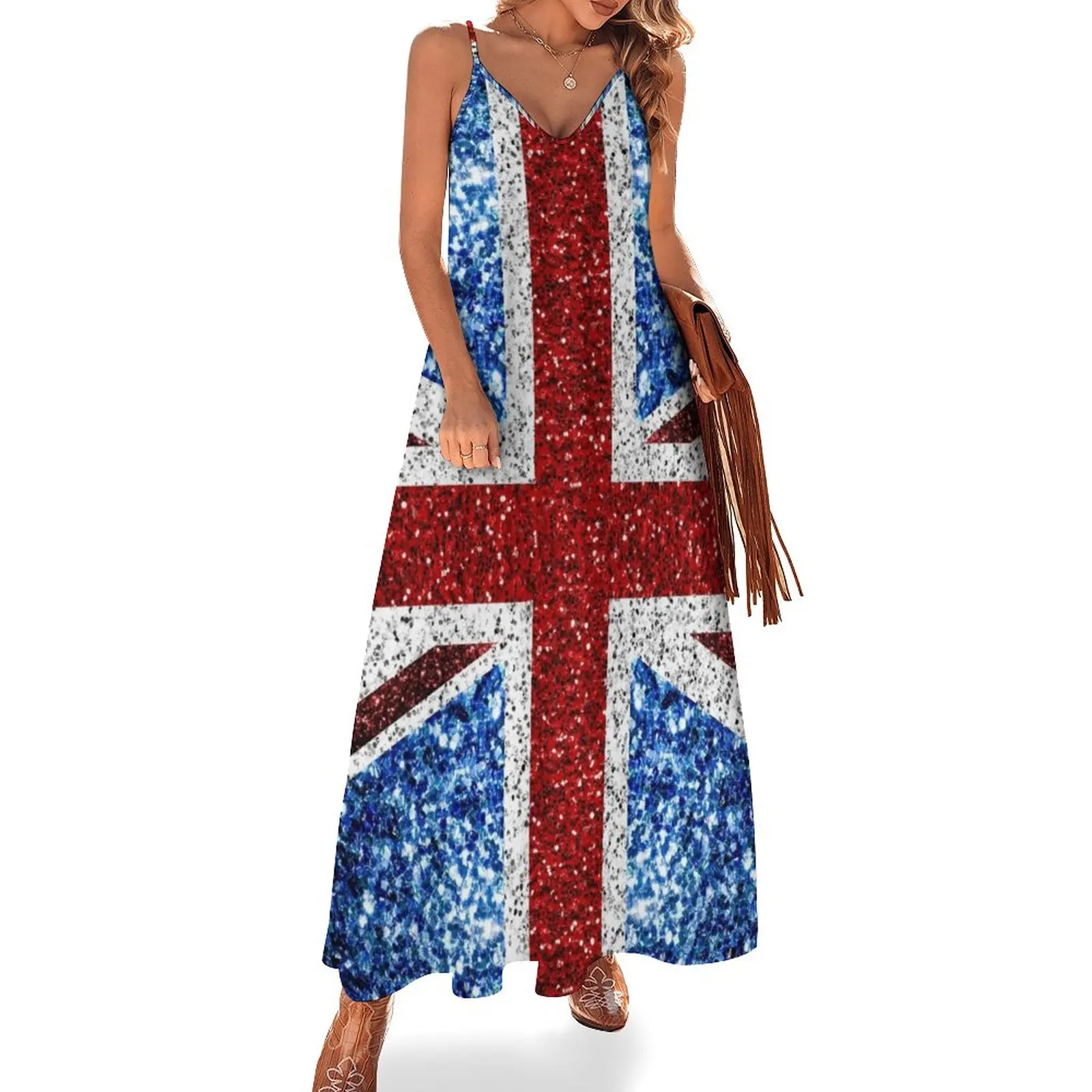 

UK flag red blue white faux sparkles glitters Sleeveless Dress Dresses summer woman dress 2024