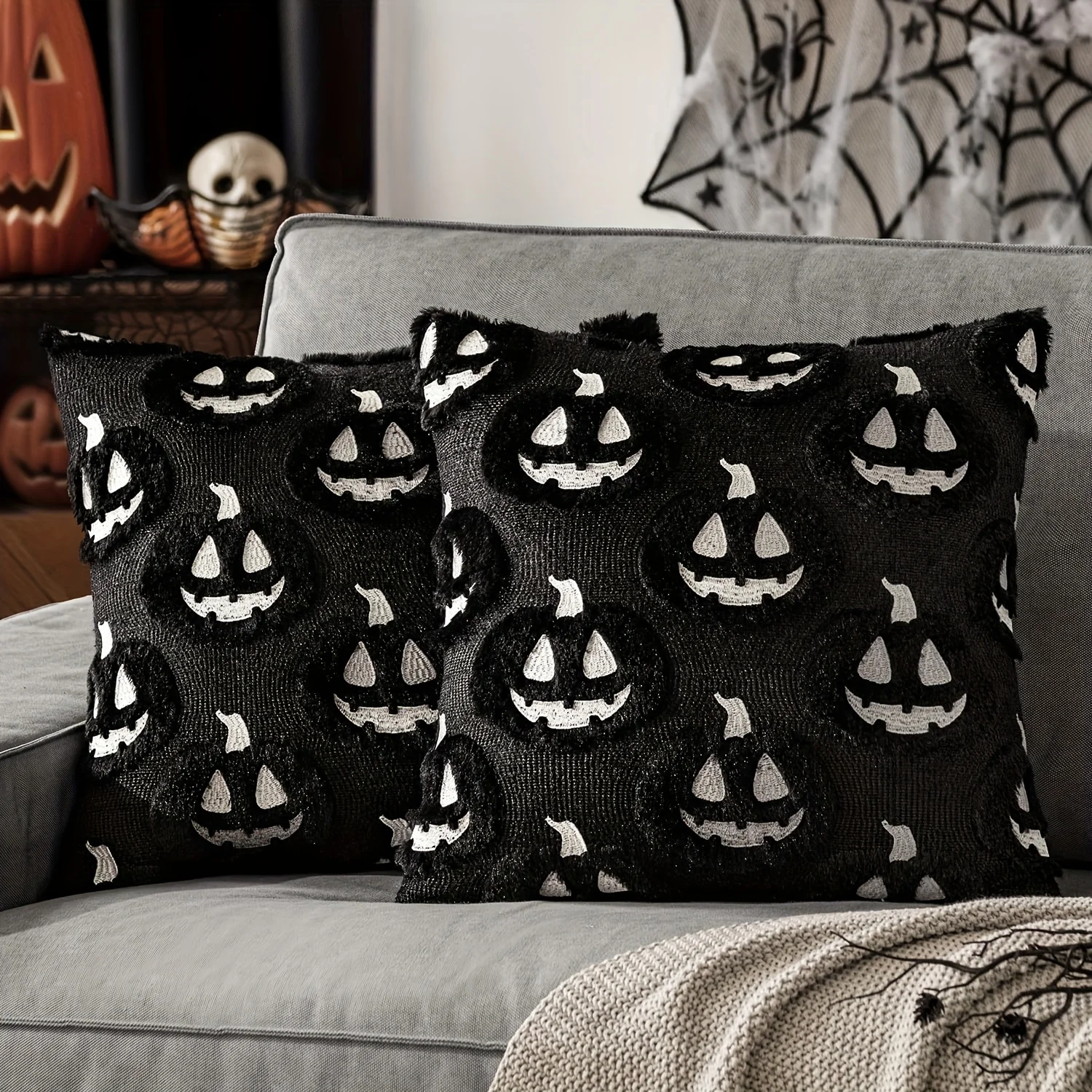 2pcs Soft Plush Halloween Throw Pillow Covers,Pumpkin Decor Cushion Cases with Zipper Closure, Fall Decorations