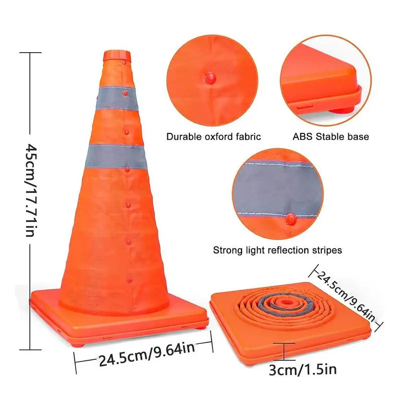 Collapsible Orange Road Safety Cones 45cm Traffic Parking Cones Multi Purpose Reflective Stripe Traffic Cones