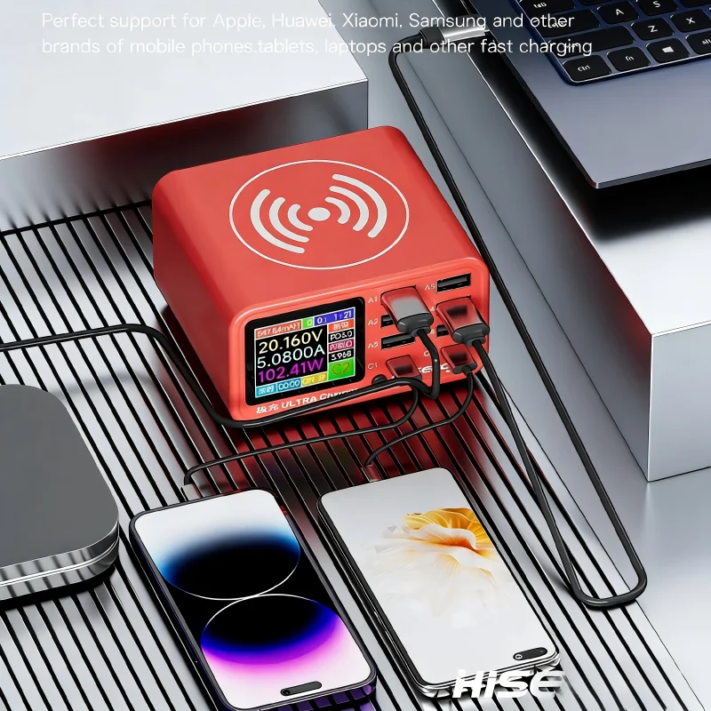 100W 멀티포트 USB 충전 허브, 디지털 디스플레이, PD 및 QC 고속 충전 스테이션, 휴대폰 및 노트북용 전압 및 전류 표시 기능