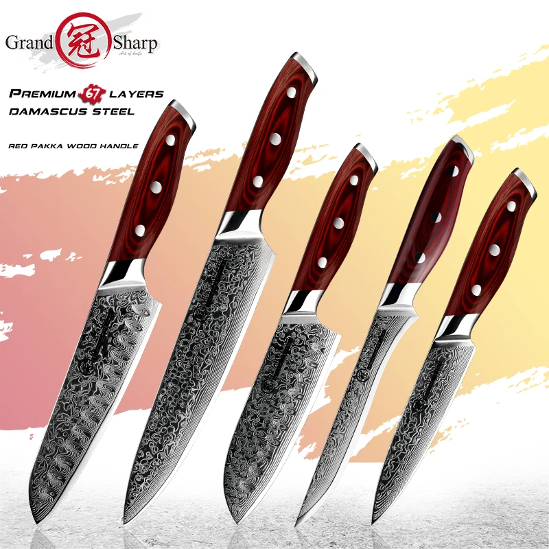 

Grandsharp Japanese Damascus Kitchen Knife Sets, AUS-10 Steel Chef Utility Santoku Knives, Cooking Tools with Gift Box, 1-5 Pcs