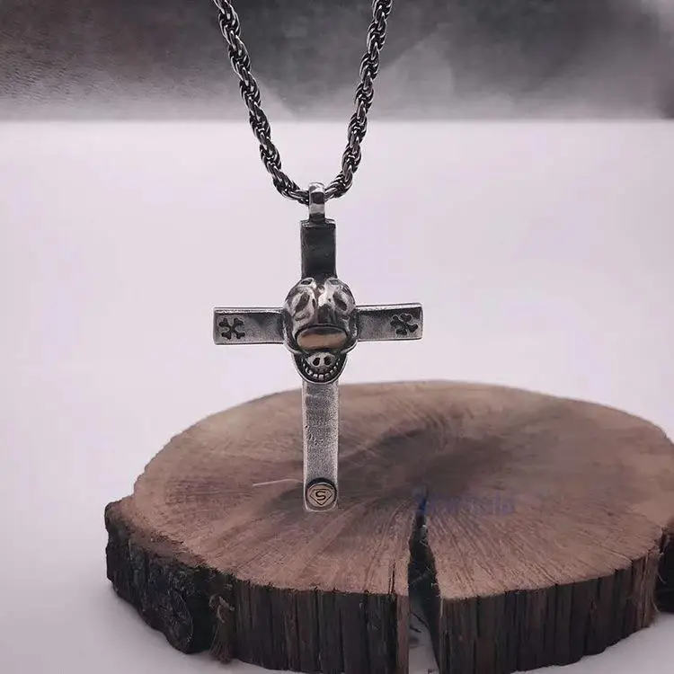 

S925 pure silver skull cross pendant long domineering fashion necklace for men women celebrity