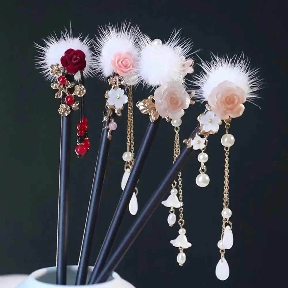 

Tassel Wooden Hair Stick Antique Chinese Style Flower Hanfu Hairpin Hair Ball Hair Sticks for Buns For Girl