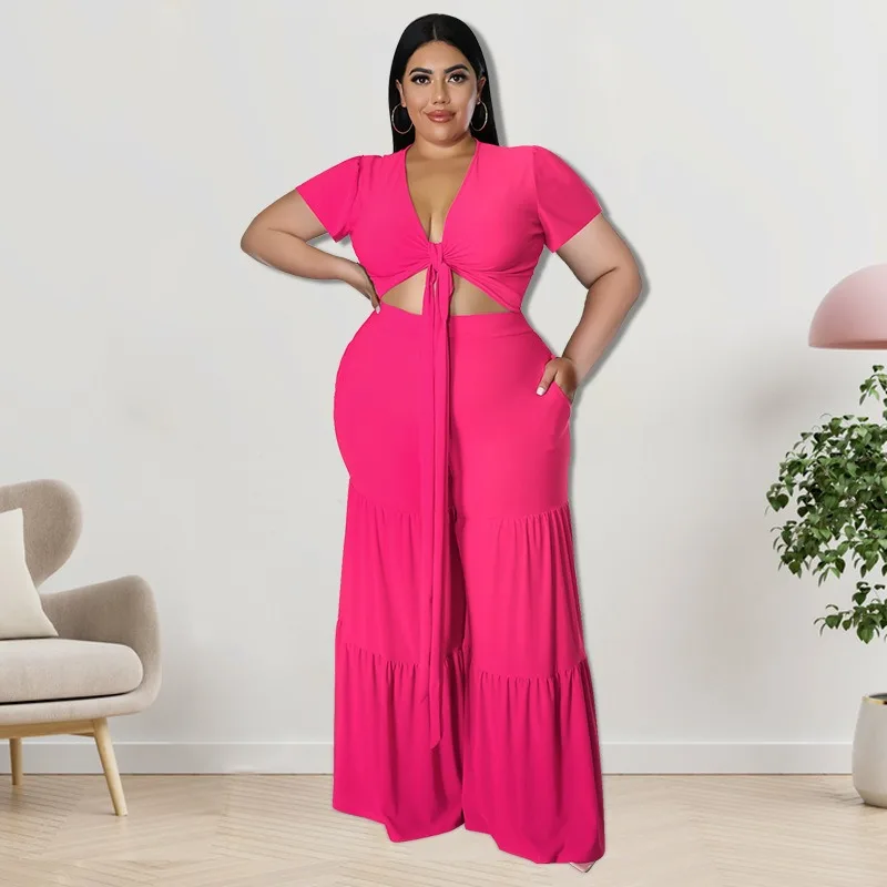 

Ladies Suits Plus Size Elegant Lace Up V-neck Women's Two-piece Set Spliced Wide Leg Pants Street Leisure 2024 Women's Clothing