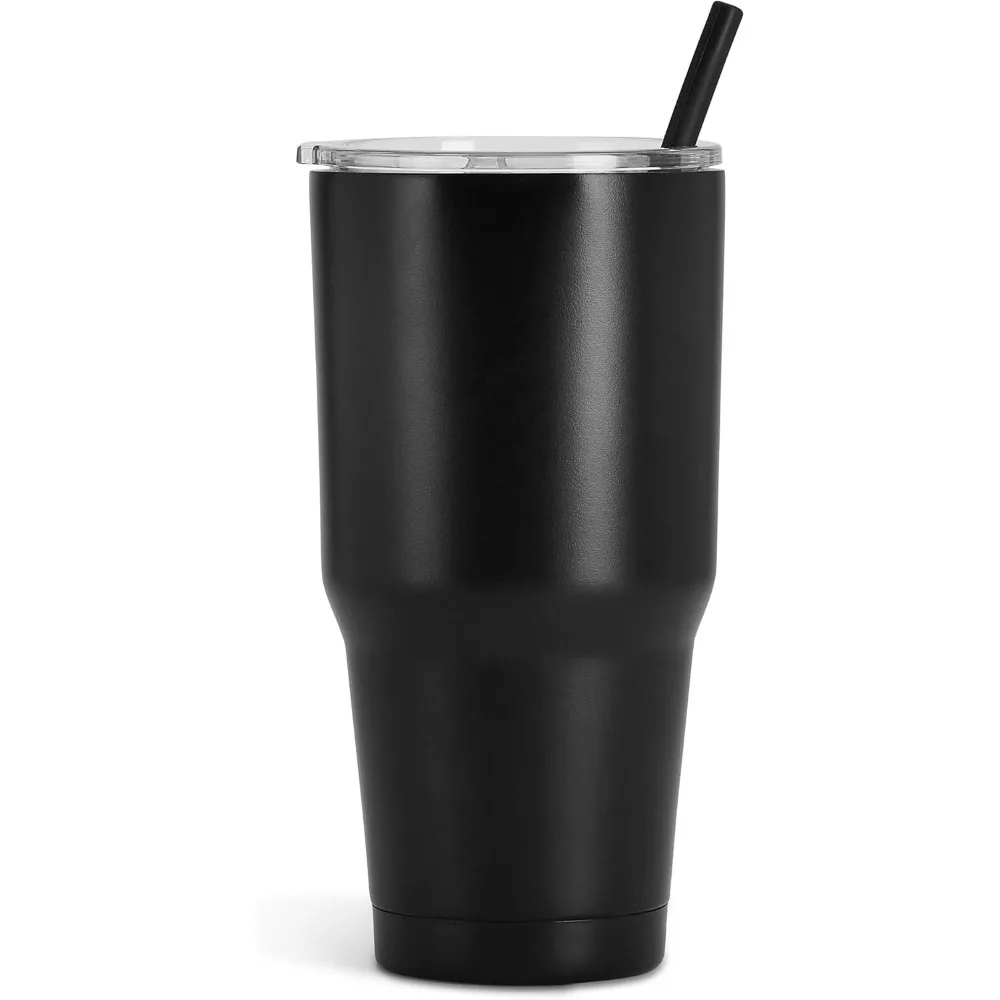 30 ounce insulated cup with lid and straw, stainless steel, leak proof, BPA free, powder coated (black, 25pcs)