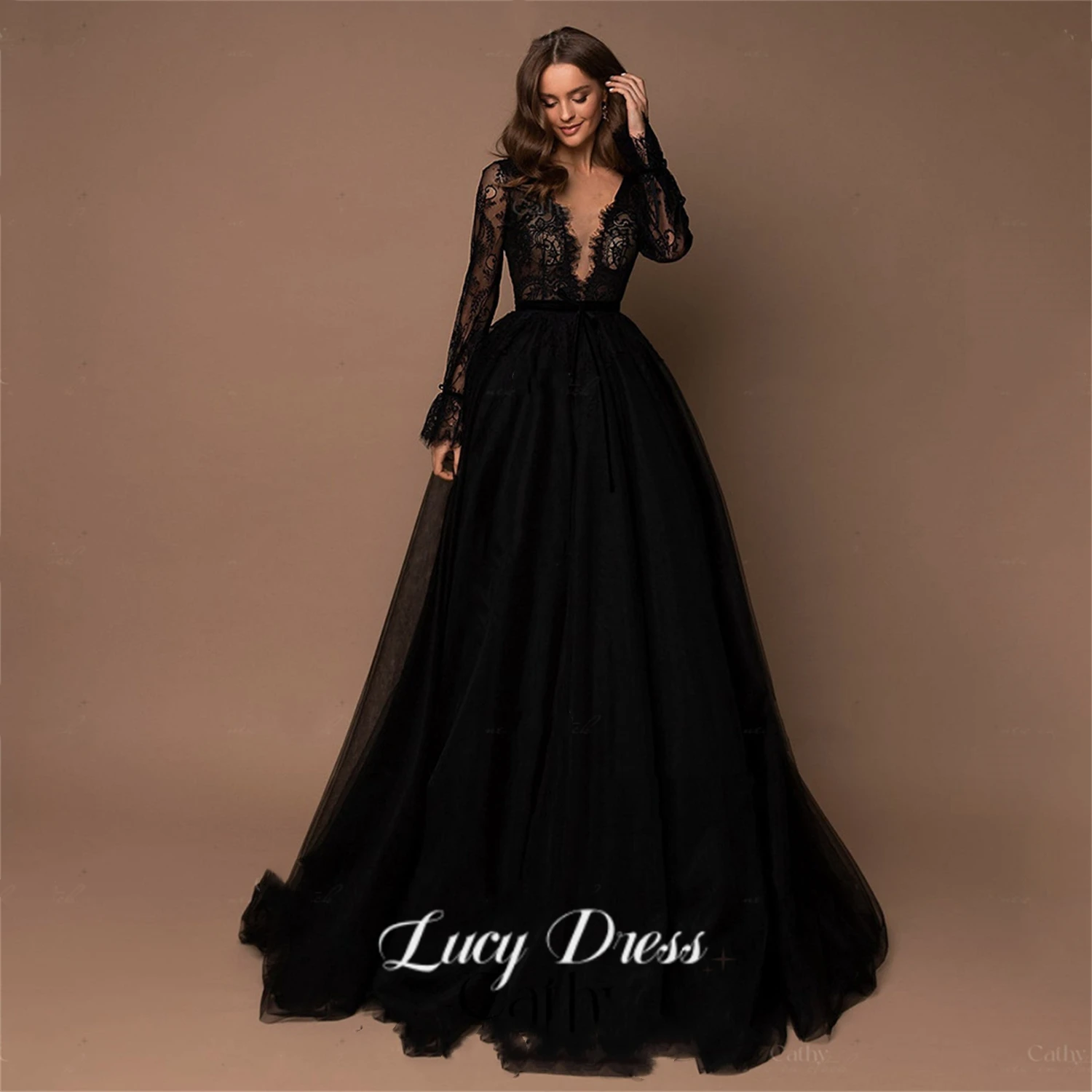 

Lucy Black Formal Dress Evening Line A Ball Gown Lace Mesh Graduation Dresses for Special Occasions Robe De Soiree Femmes Long