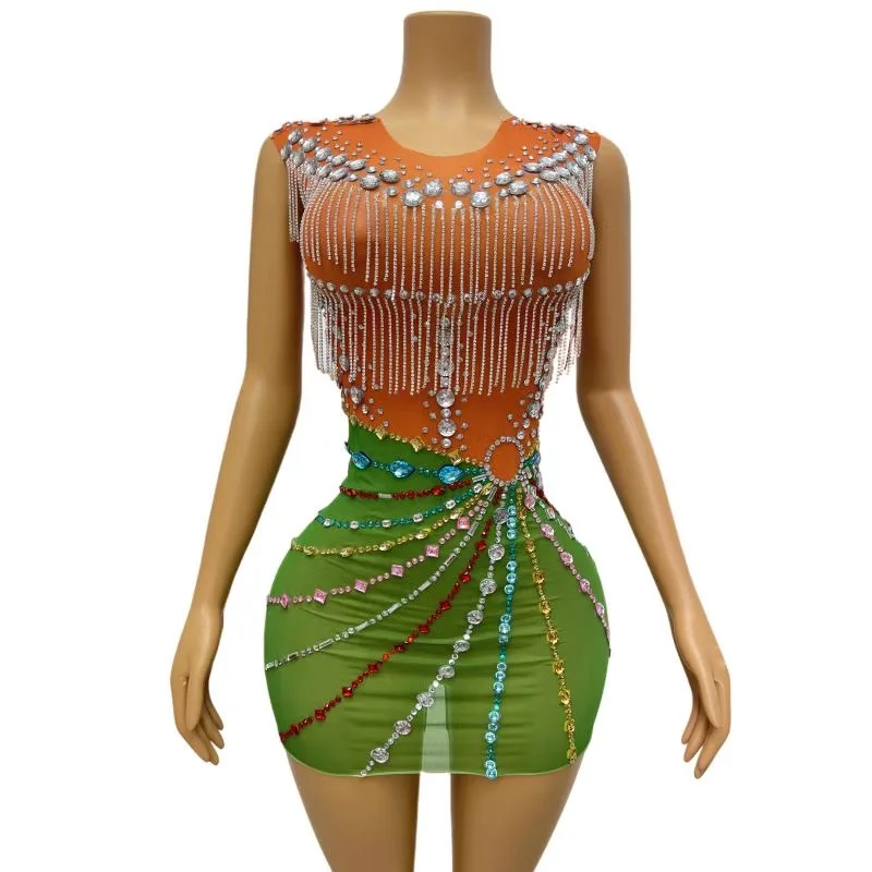 

Green Rhinestone Fringe Stretch Dress For Women Sleeveless Stunning Stage Wear See Through DJ DS Gogo Drag Queen Costume