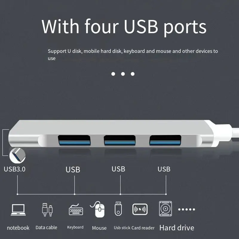 High-Speed USB-A to Type-C 4-Port Hub Adapter with 5Gbps Data Transfer
