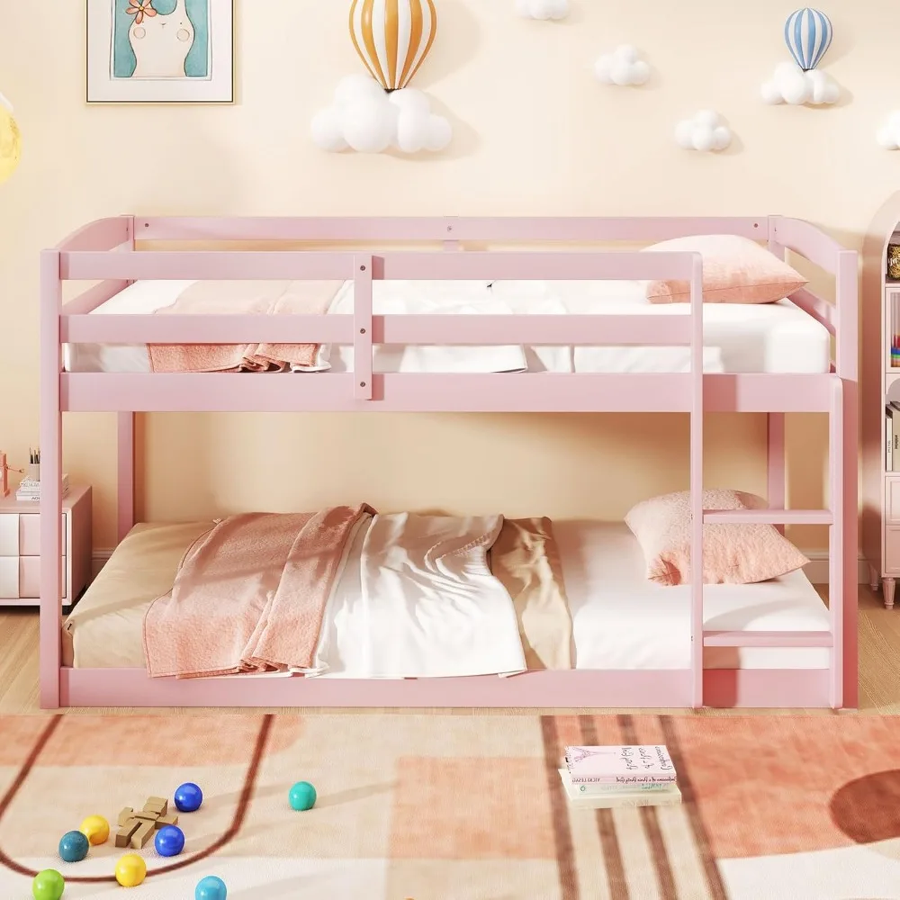 Solid Wood Twin Over Twin Bunk Bed Frame with Full Guardrails & Integrated Ladder, Floor Twin Bunk, Children Beds 3