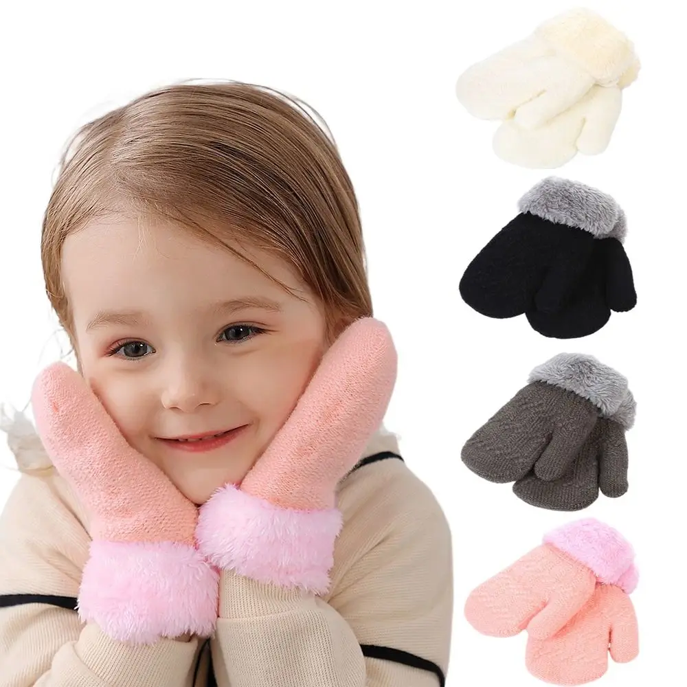 

New Autumn Winter Baby Boys Girls Plush Wool Knitted Gloves Warm Full Finger Mittens Gloves For 0-3Y Children Kids