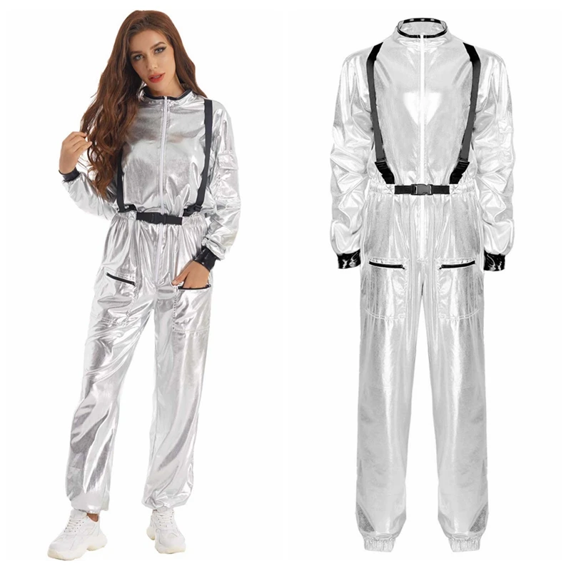 thumbnail image 1 of Mono Alien Space Unitards para mujer, disfraz de astronauta, Carnaval, Halloween, metálico brillante, cuello falso, mono de manga larga con cremallera, 1 of 5