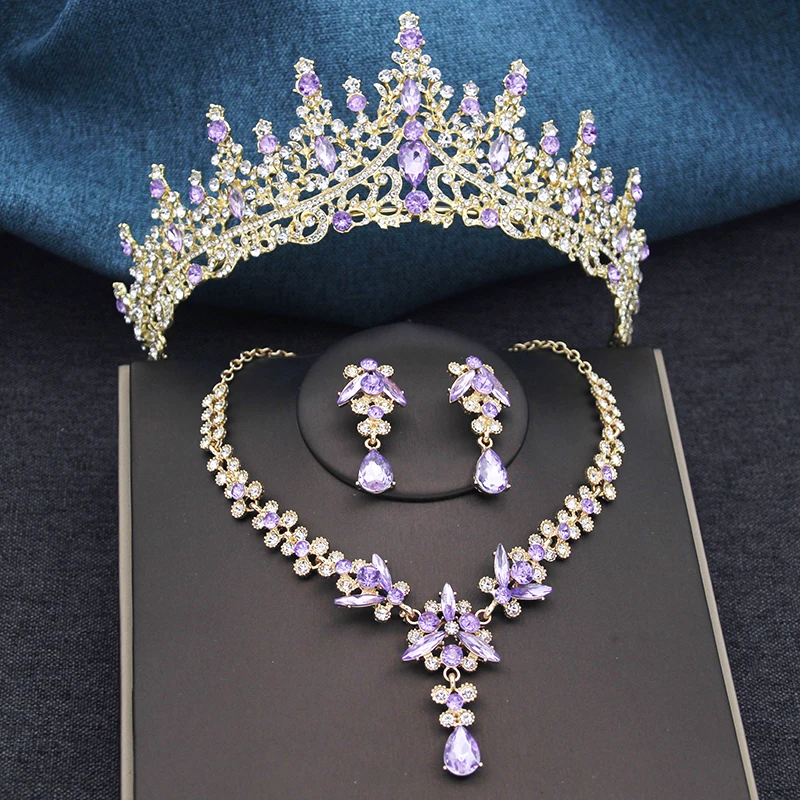 Silver Color Opal Blue Wedding Crown Jewelry sets Tiaras and Earrings necklace set For Women Princess Girls Prom Gifts