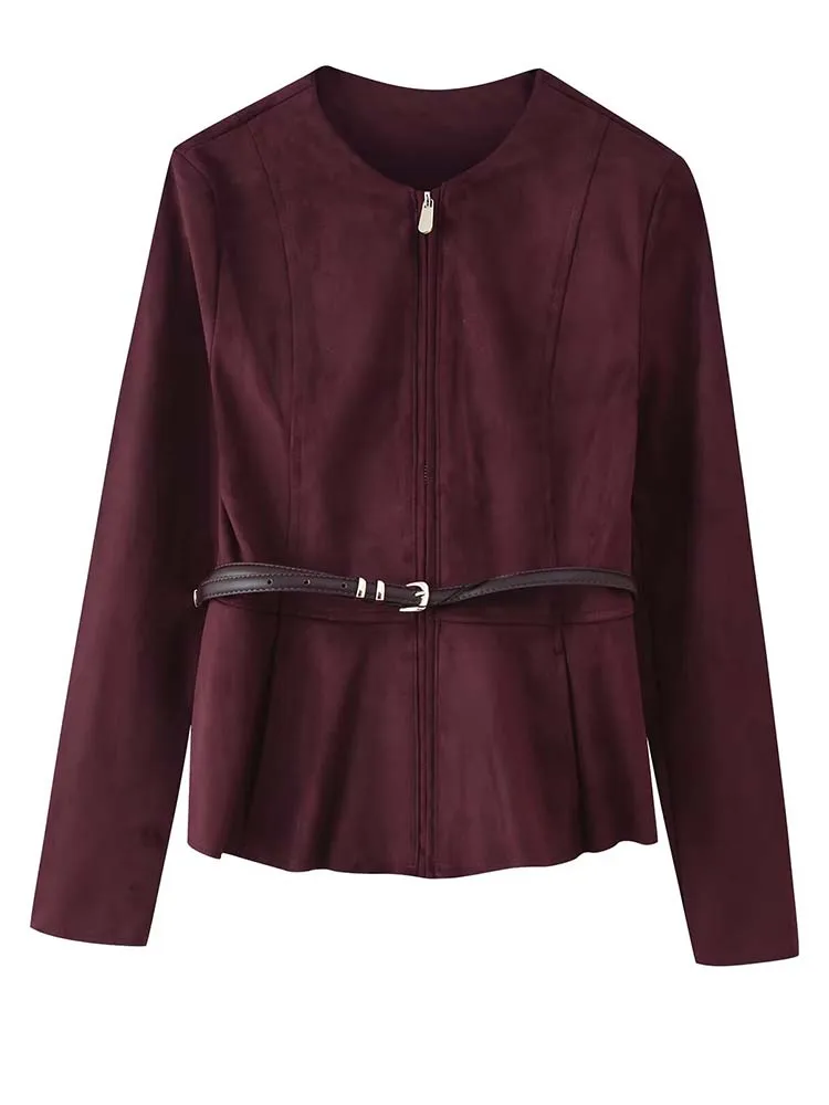 Women Vintage suede Jacket 2025 Autumn New Fashion O-Neck Long Sleeve With Belt Coat  Female High Street Long Sleeve New Jackets