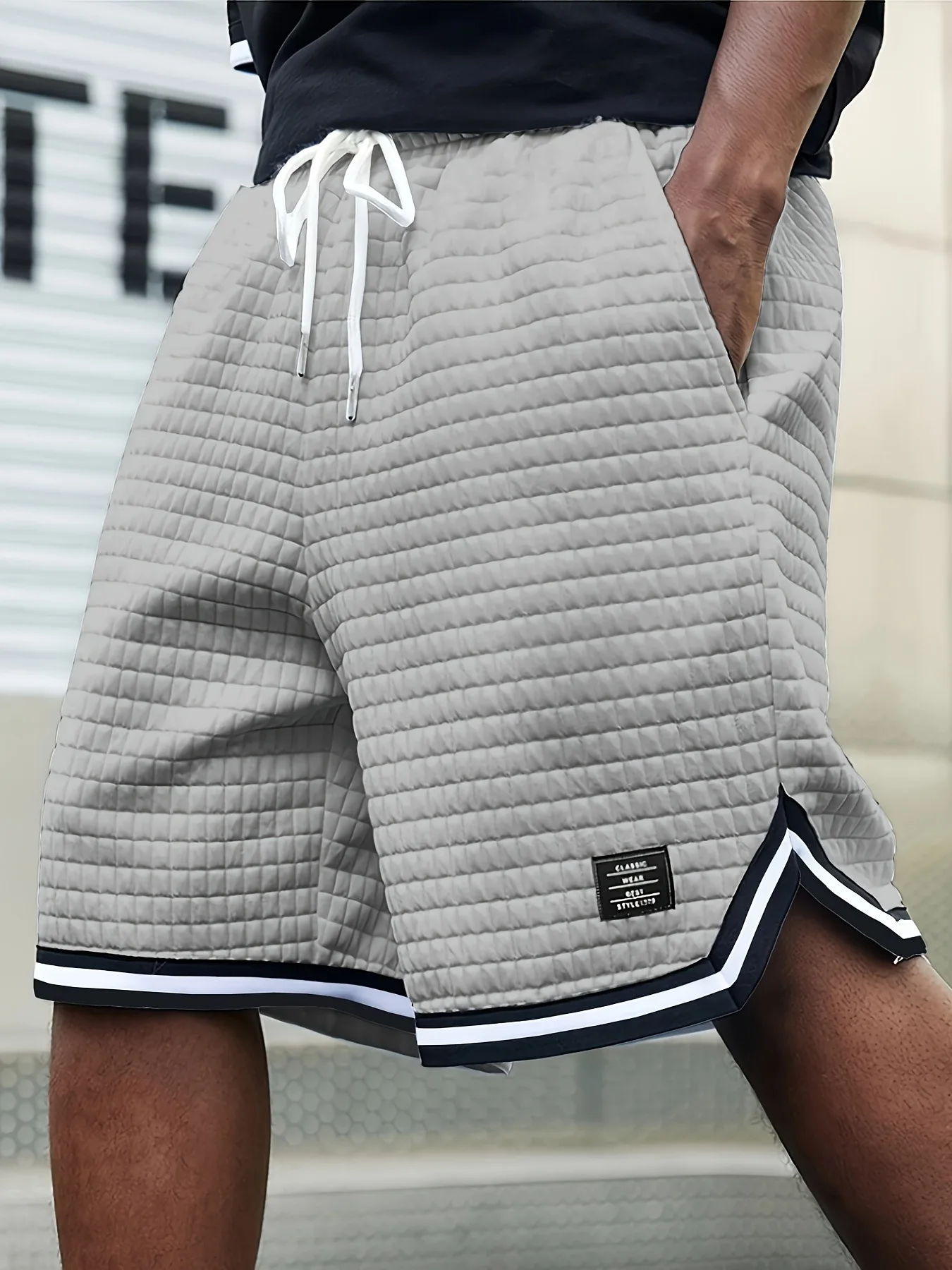 Herren Gestreifte Jacquard Freizeitshorts Sommer Einfarbige Coole Hosen Laufshorts Fitness Jogging Sportbekleidung Herren Sport Kurze Hose – Detail 11