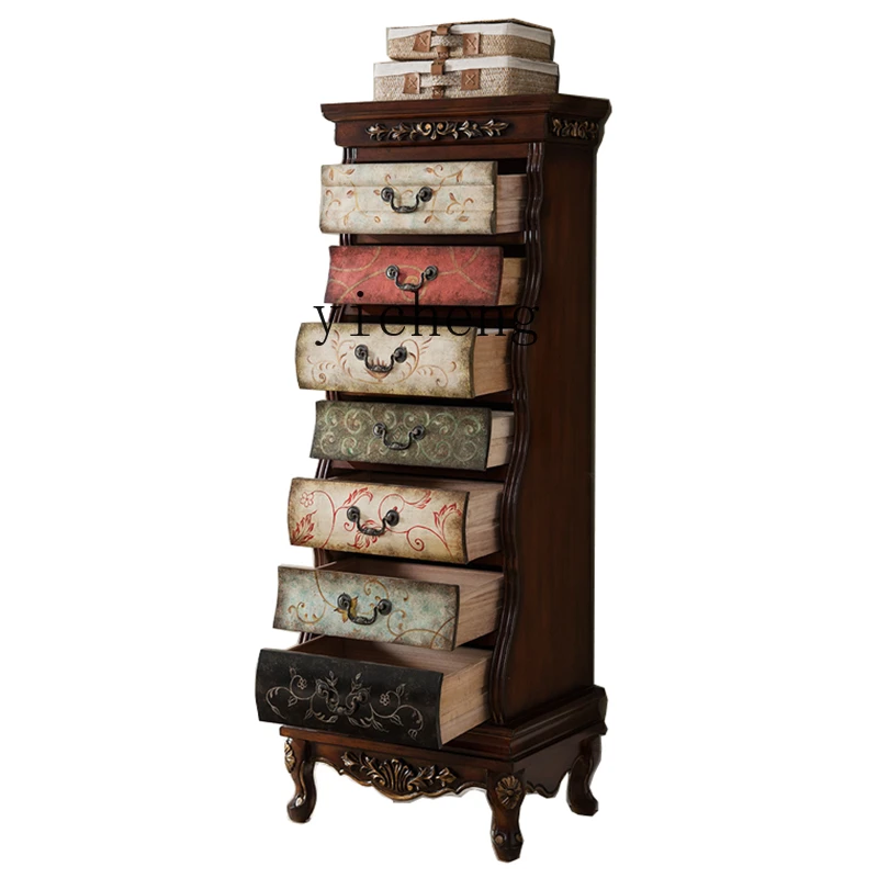 

YY American Country Solid Wood 7-Drawer Cabinet European Drawer Painted Carved Side Cabinet Locker