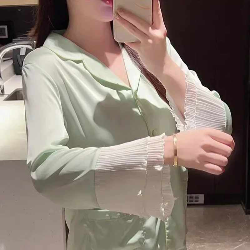 2024Women's Clothes Four Seasons Pajamas Ladies Ice Silk Long-Sleeved Sweet Large Size Solid Simple Casual Fashion Soft Homewear