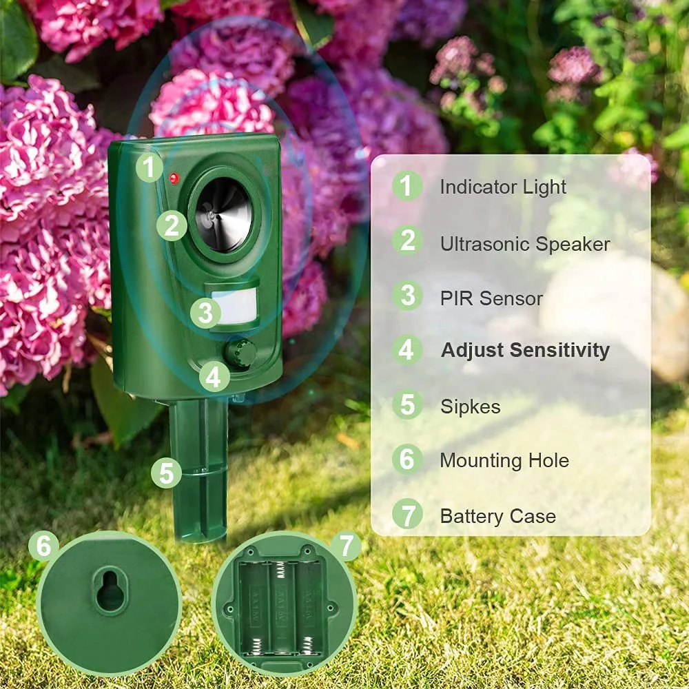 Repelente de gatos para exteriores, repelente ultrasónico para gatos,  ahuyentador de perros, carga solar, carga USB para prevenir perros y gatos,  pájaros, para jardines, campos, guarderías, resistente al agua IP64