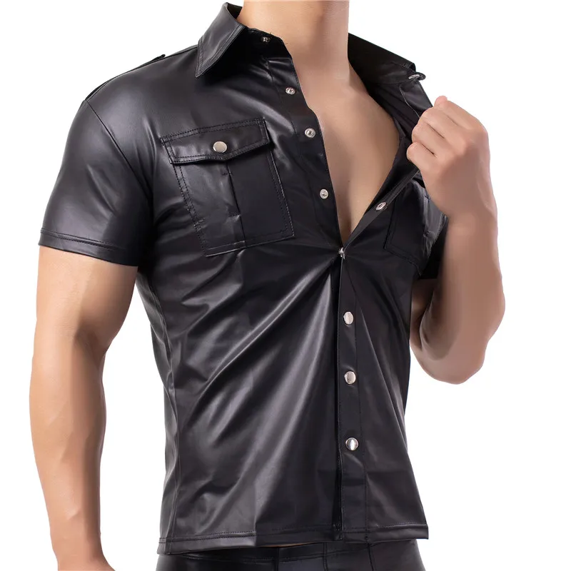 

Dance Up Shirt Short Sleeve Faux Costumes Leather Nightclub Stage Clubwear Mens Shirts Button Wetlook Latex