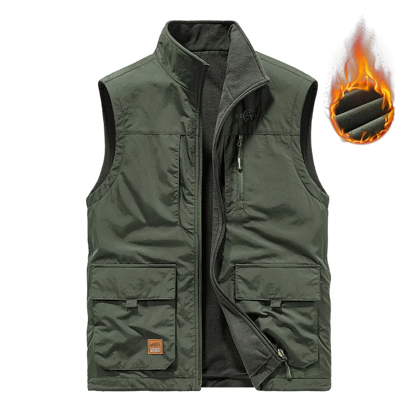 New Men's Casual Plush Double-sided Vest, Autumn And Winter Multi Bag Photography Vest, Outdoor Camisole Warm Jacket