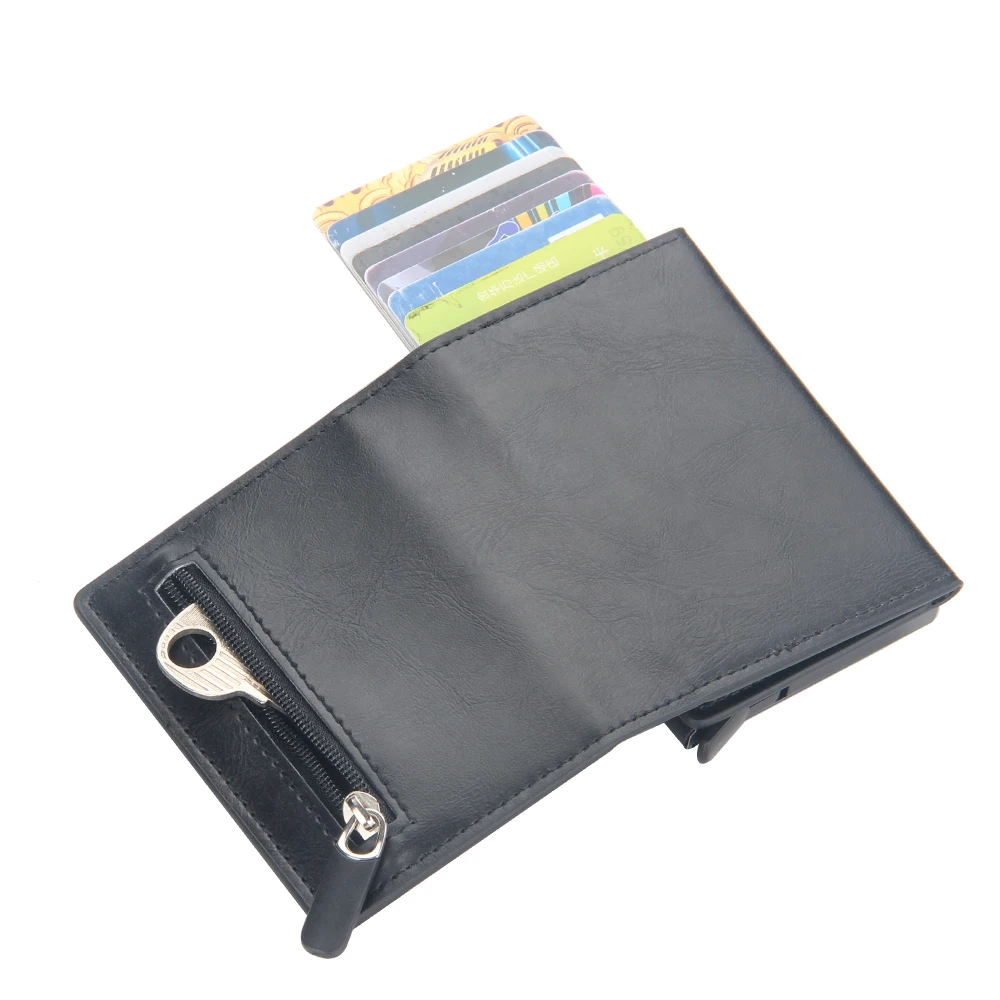 Vintage Crazy Horse Leather Men Wallets Luxury RFID Protection Mini Metal Wallet Zipper Coin Pocket for Men and Women