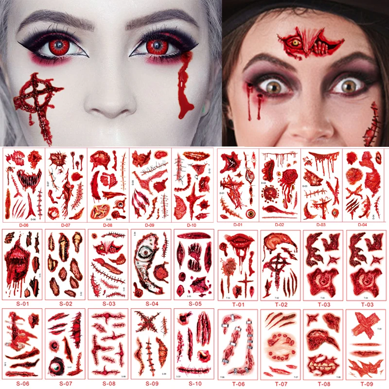 

Day of the Dead Halloween Tattoos Stickers Temporary Bloodstain Wound Costume Party Festival Celebration Make Up Arm Face Tattoo