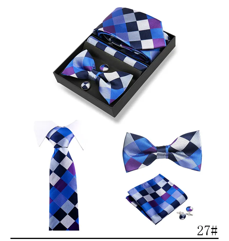 Hochwertige handgefertigte Krawatten, Fliege, Einstecktücher, Manschettenknopf-Set, kariertes gestreiftes Krawatten-Set in Geschenkbox für Männer, passend für die Hochzeit am Arbeitsplatz – Detail 31