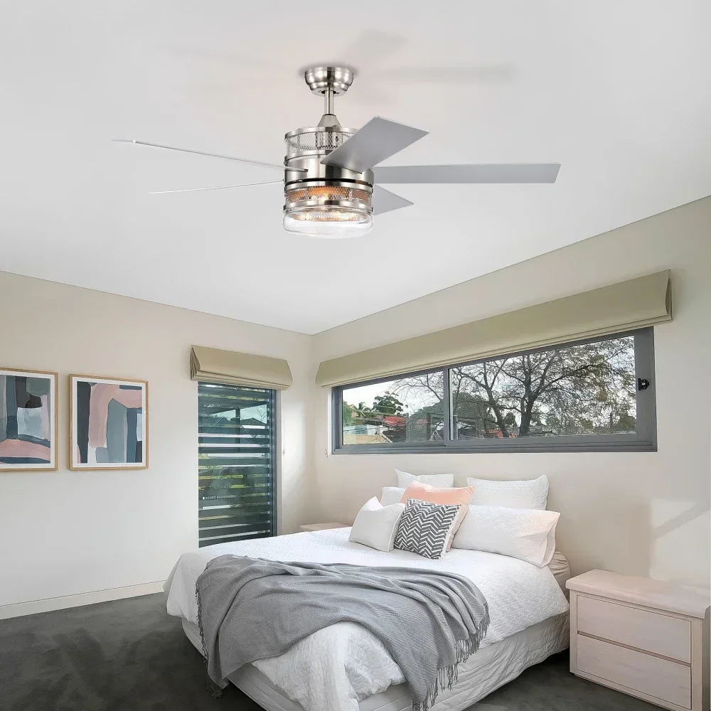 52-inch 5-blade Plywood Blades Ceiling Fan ,Dual Lamp Shade Ceiling Fan with Remote Control (Optional Remote)-Satin Nickel