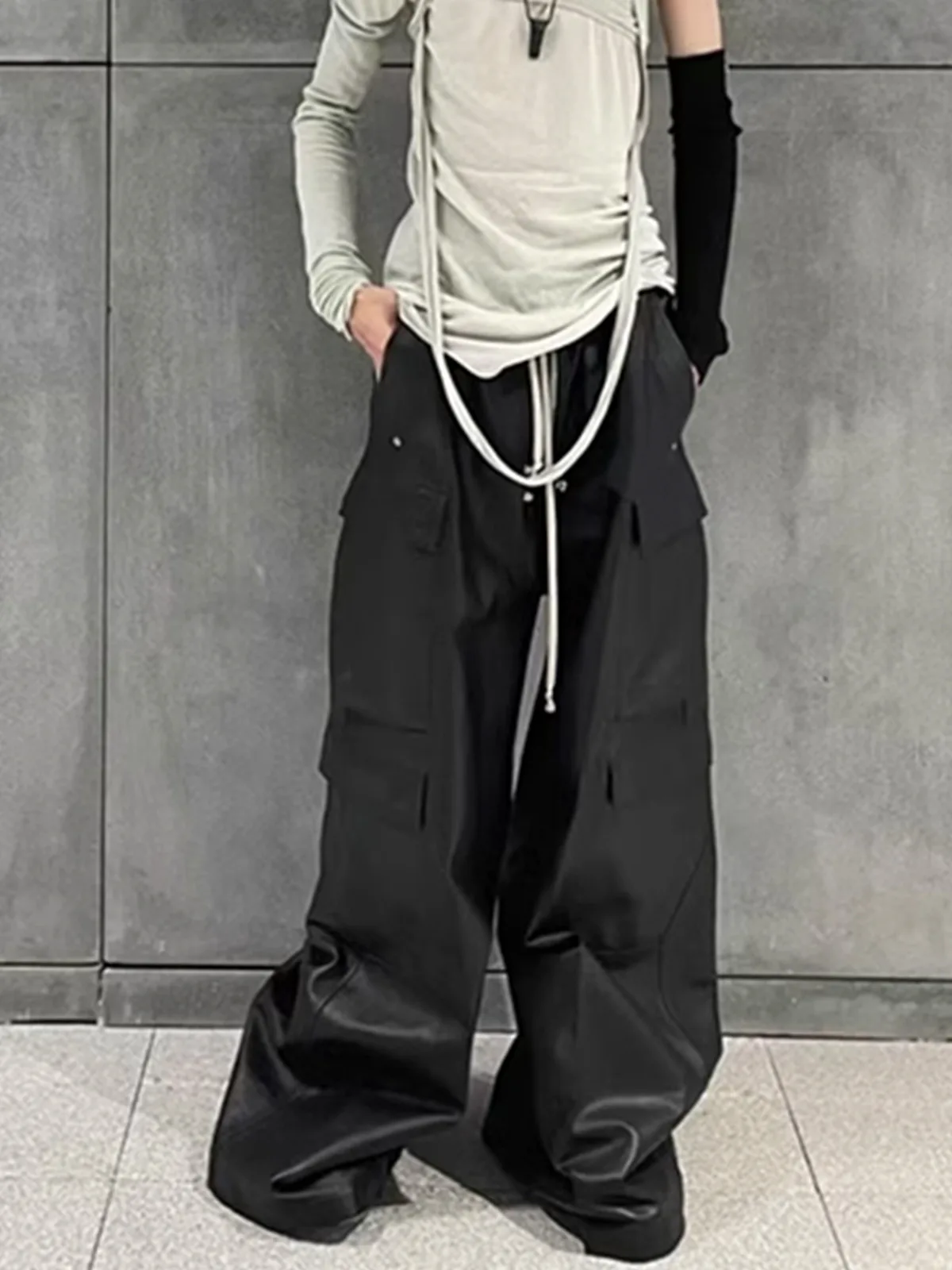 MIJKO Sliver Black Men's RO-Style Coated Cargo Pants Wide Leg