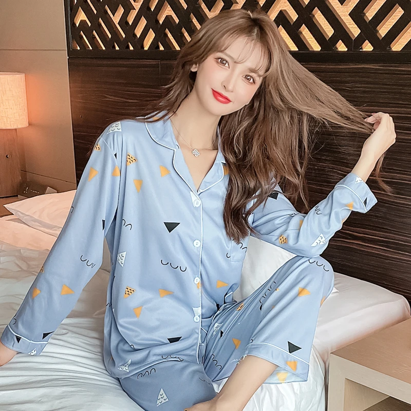 New 2021 Spring Summer Cotton 2 Piece Pajamas Set Women New Printed Colorful Sleepwear Long Sleeve Pajamas Female Sleep Homewear