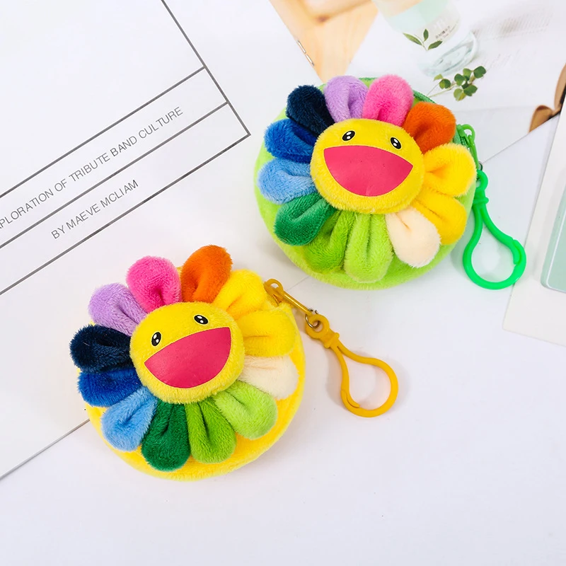 

Cartoon Colorful Plush Sun Flower Smile Face Stuffed Toy Women Round Zipper Coin Purses Key chain Pendant Bag Knapsack Keyring