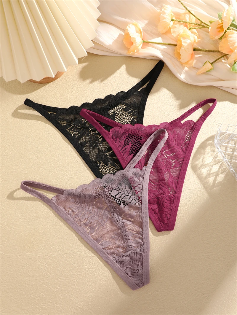 5Pcs hollow out leaf print thongs transparent women's panties sexy lace G string solid thin low waist lingerie women panties female underwear womens underwear