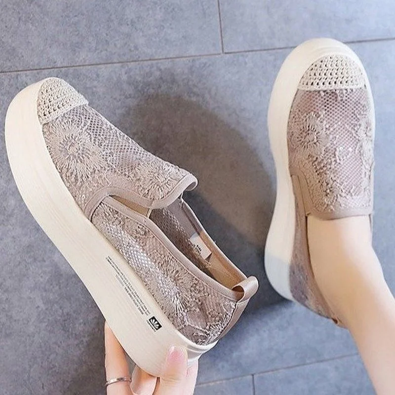 Retro Beige Vulcanize Shoes Women Shoes Summer New Ladies Breathable Mesh Casual Shoes Fisherman Shoes Girls Slip on Loafers