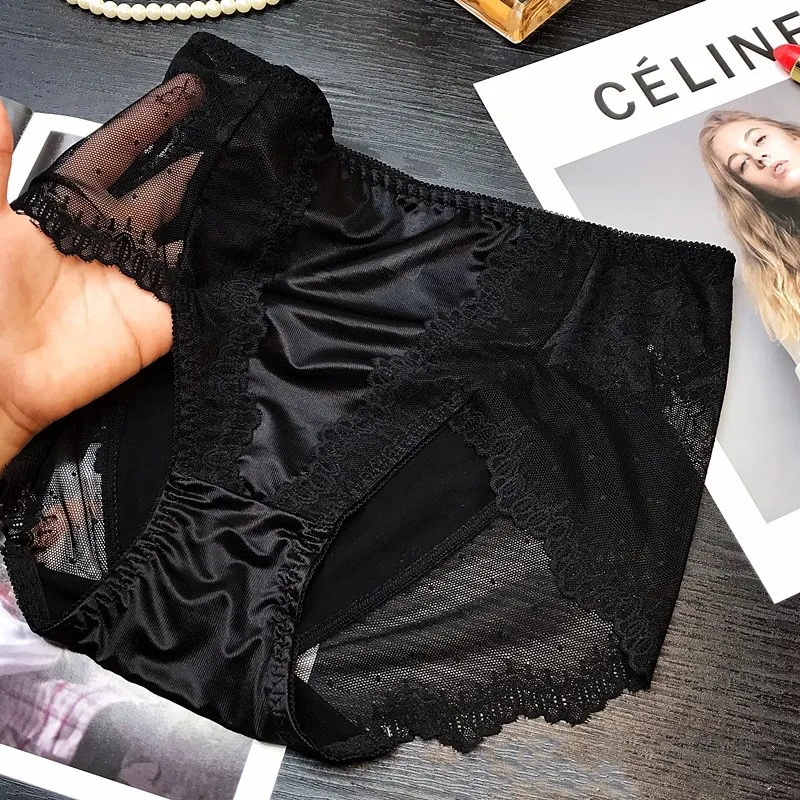 Lace high-waisted panties with satin waistband in Black for Women